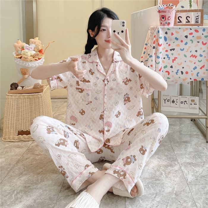 Pijamas transfronterizos al por mayor para mujer nube algodón otoño verano rebeca solapa pantalones de manga corta traje de servicio a domicilio simple y cómodo