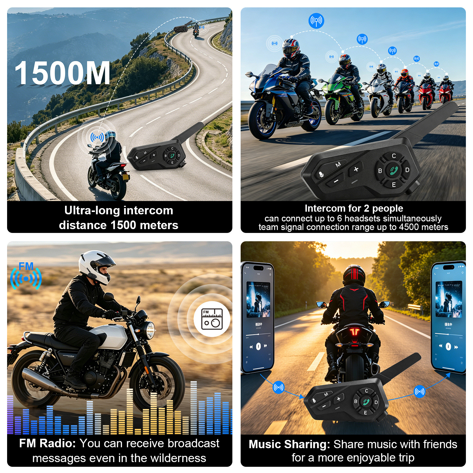 X6 Motorcycle Helmet Bluetooth Intercom 1500m Waterproof IPX6 Stereo Riding Headset