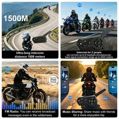 Motorcycle Helmet Headset 1-to-5 real-time intercom 1500m for