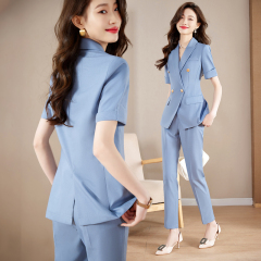 女性用半袖スーツ、夏用薄手通勤プロフェッショナルウェア、気質美容室作業服、おしゃれカジュアルスーツ