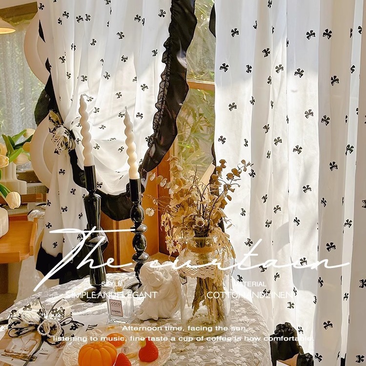 I简美/法式中古赫本小香风蝴蝶结刺绣窗纱梦幻荷叶边成品纱帘卧室