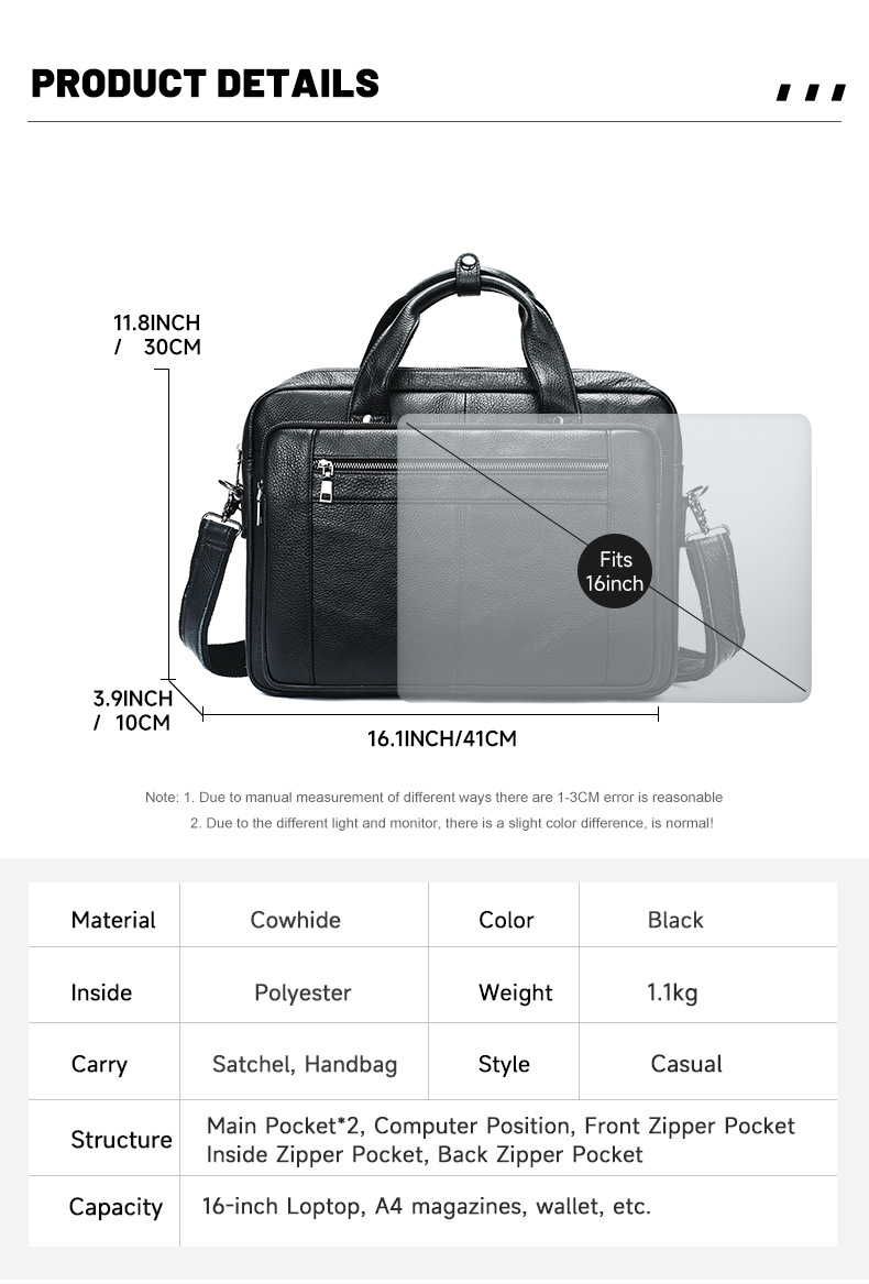 Cặp da bò công sở nam đựng laptop 16 inch nhiều ngăn — Màu đen, Màu cà phê, Màu đen da sáp dầu, Cà phê dầu chi tiết 2