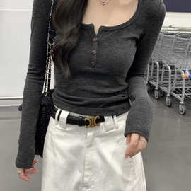纯欲性感甜辣德绒圆领打底长袖T恤女秋冬显瘦修身打底衫上衣女T潮
