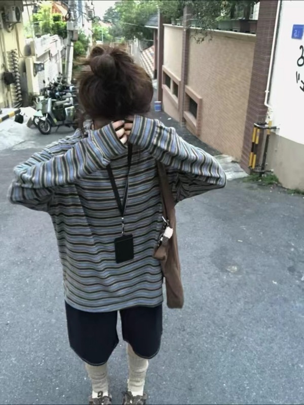 韩系慵懒设计感条纹复古长袖卫衣女秋季小众休闲圆领宽松套头上衣|undefined