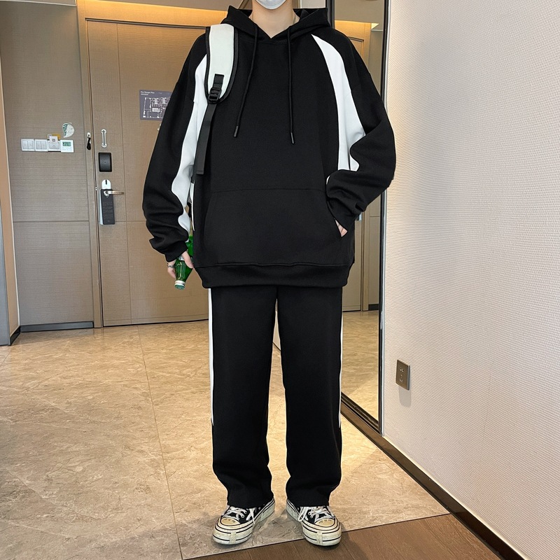 Suede suelta, juego de deportes casuales para hombres, primavera y otoño, nuevo estilo de moda con capuzas, pantalones rectos de moda juvenil, dos piezas