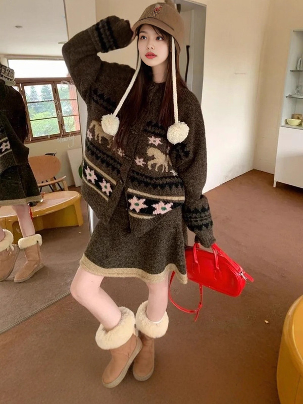 复古费尔岛毛衣套装牛角扣提花针织开衫外套半身裙女秋冬季两件套|undefined