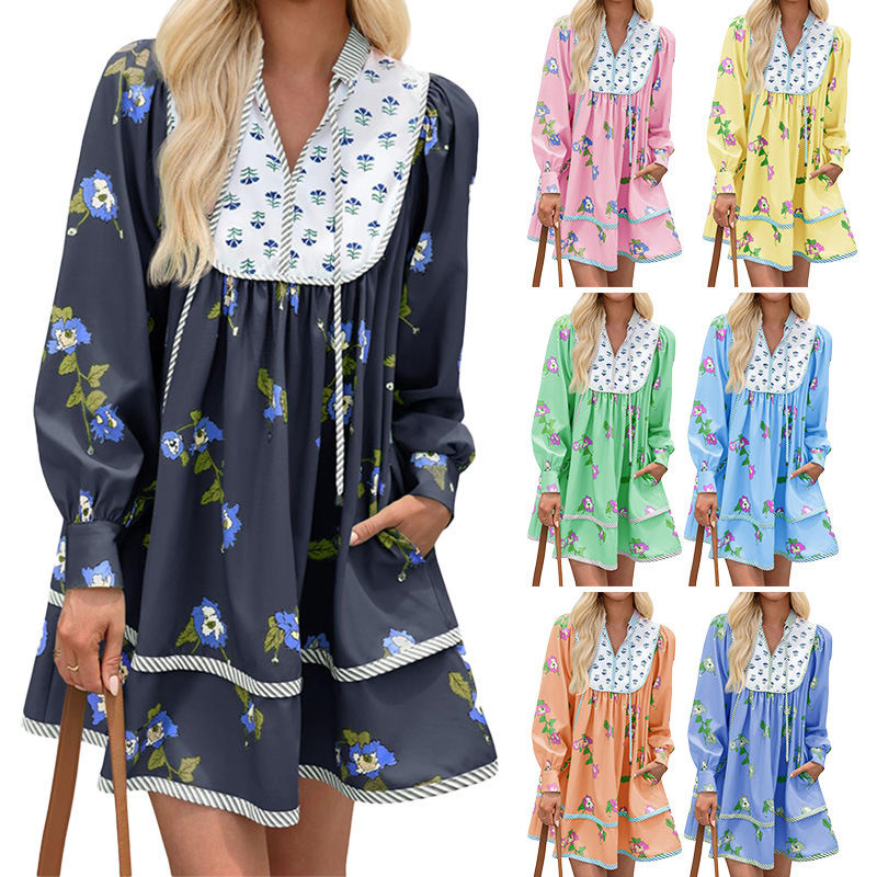 Amazon Cross-Border European and American Style V-Neck Tie Loose Casual Floral Print Long-Sleeve Ruffle Women's Dress