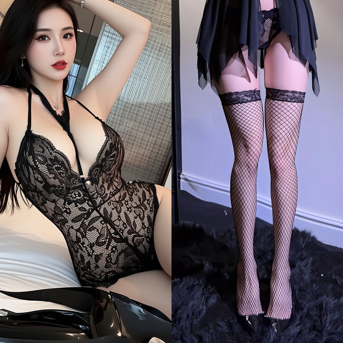 블랙 + 블랙 망사 스타킹