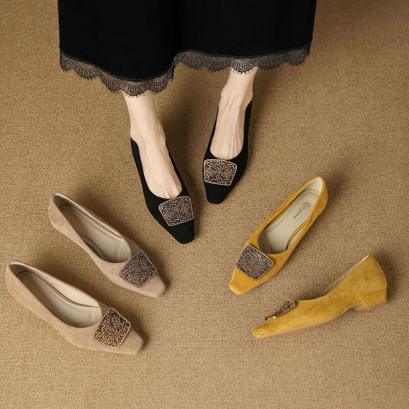 Comfortable for the feet, chunky heel women's shoes, new French style hot-selling model for spring and autumn, with rhinestone metal buckle, slip-on shallow single shoes Comfortable for the feet, chunky heel women's shoes, new French style hot-selling model for spring and autumn, with rhinestone metal buckle, slip-on shallow single shoes