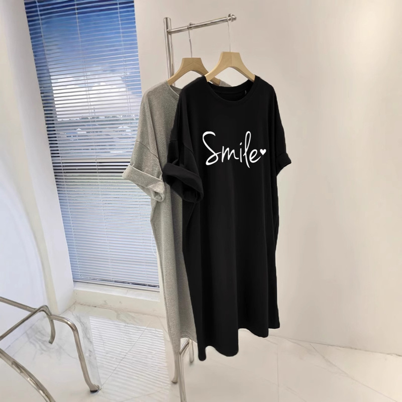 2025 New Summer Short-sleeved T-shirt Dress Korean Loose Over-the-Knee Long Dress Instagram Fashion dress Women's Mid-length Summer