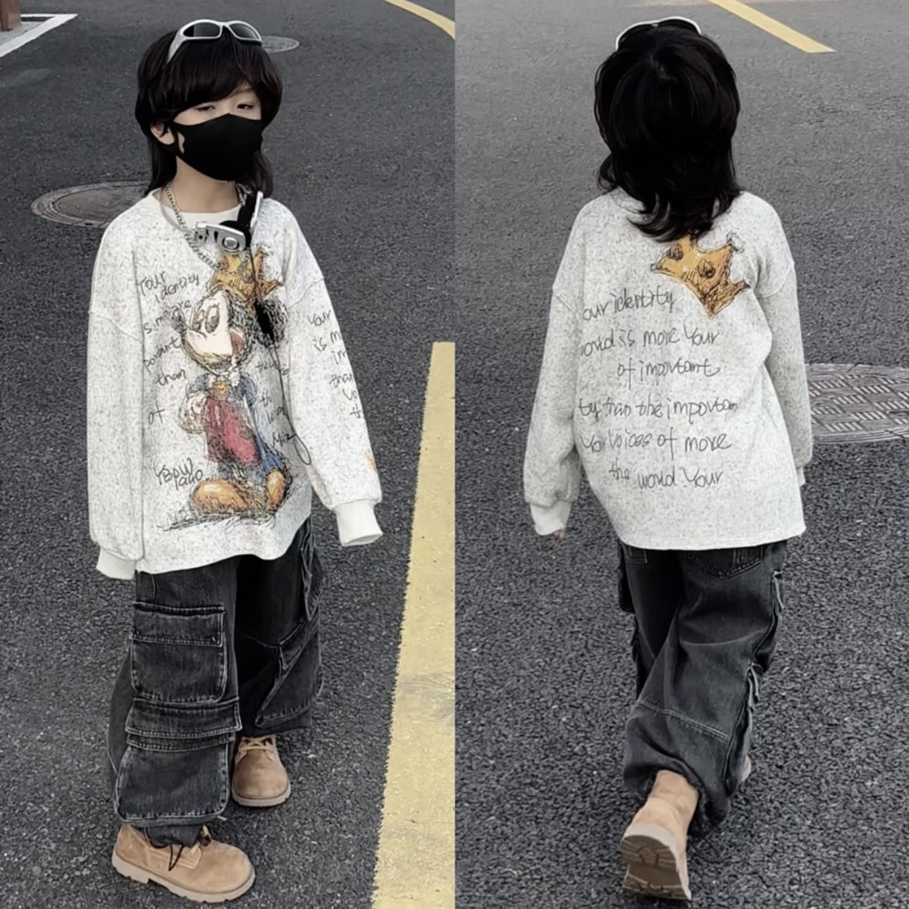 儿童冬款一体绒嘻哈牛仔裤工装裤直筒宽松长裤潮流高街