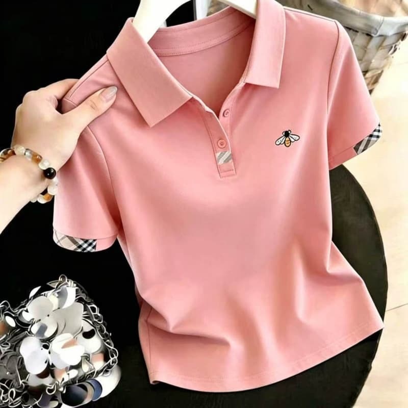 [Combed Cotton 95% Spandex 5%] Trendy, Simple, Casual Collared Short-Sleeve T-Shirt for Middle-Aged Women - Summer Versatile Fashion T-Shirt