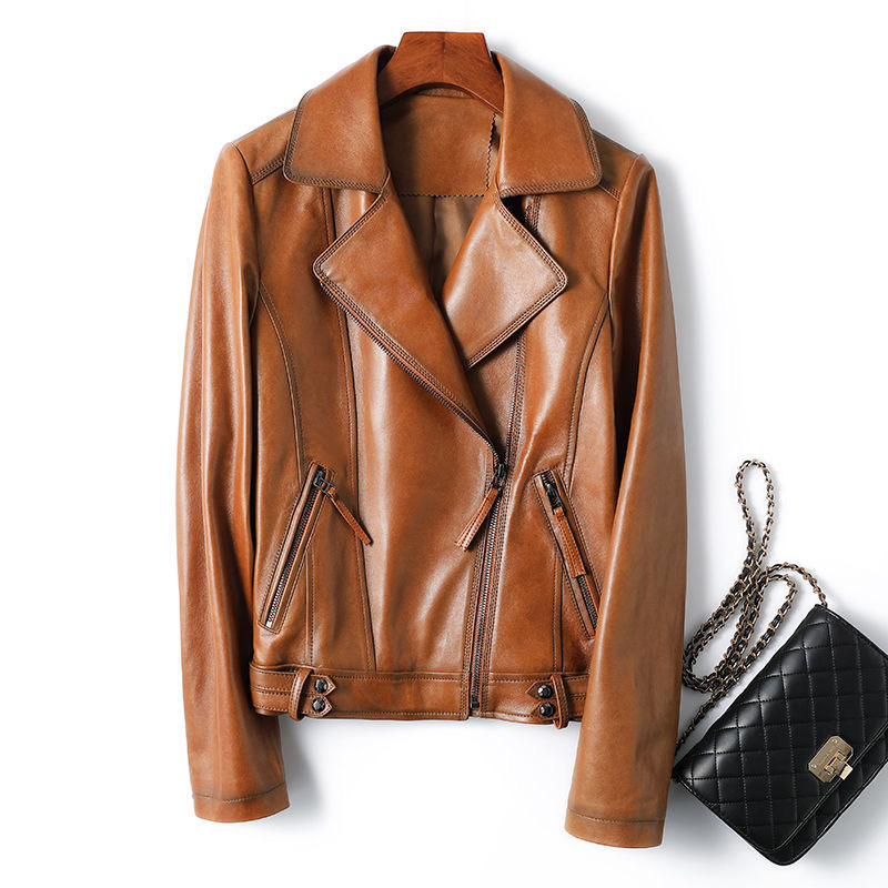 Haining 2026 Spring and Autumn Sheepskin Motorcycle Short Suit Collar Leather Jacket Genuine Leather Coat for Women, Elegant and Stylish