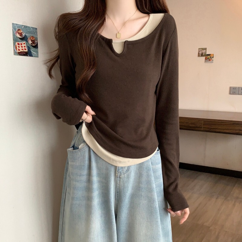 Maillard Small V-Neck Right Shoulder Long-Sleeved T-Shirt for Women Spring New Large Size Fat mm Slimming Look Fake Two-Piece Bottoming Shirt Top