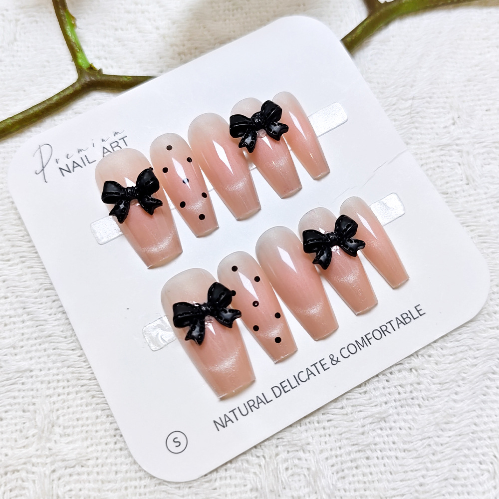 Polvo desnudo, arco negro, manicure dulce, lindo y juguetón, uñas de 10 piezas, parches de uñas falsas. image 7