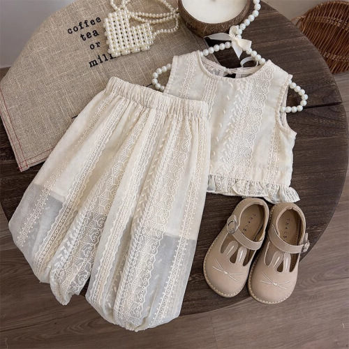 Girls Summer Thin Suit 2024 Small and Medium-sized Children Fashionable Western-style Waistcoat Vest Wide-leg Pants Western-style Two-piece Trendy Set