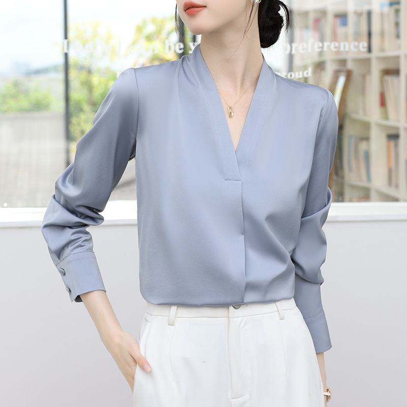 Heavy Silk Long-Sleeve Shirt for Women, French V-Neck, Elegant and Unique, Slimming Blouse, High-End Professional Design Heavy Silk Long-Sleeve Shirt for Women, French V-Neck, Elegant and Unique, Slimming Blouse, High-End Professional Design