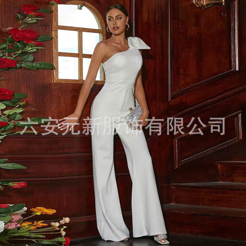 Amazon AliExpress mujeres alta cintura recta casual mono pantalones un hombro arco elegante vestido de fiesta