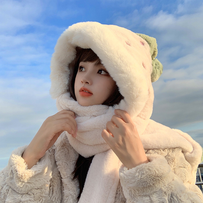 Cappello di Natale per bambini, dolce e carino, sciarpa e guanto di peluche alla fragola, in un unico pezzo, peluche invernale, addensamento caldo tre_voghion.com