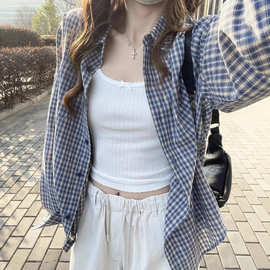 蓝色格子衬衫外套女2025春夏韩系宽松休闲衬衣慵懒风长袖防晒上衣