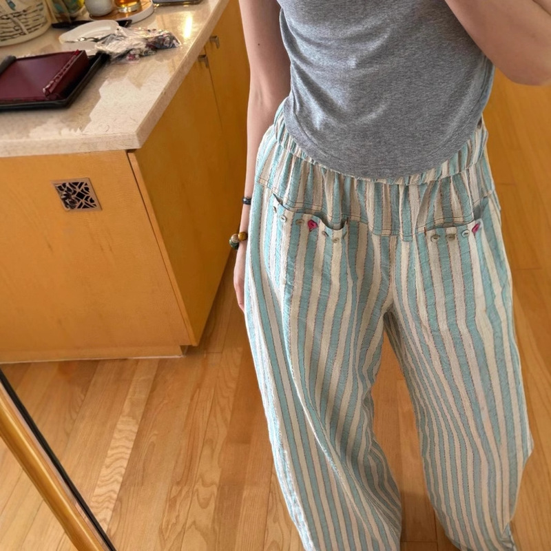 Spot Original Fabric Summer Walking Casual Straight Pants Stripesd Loose Lazy Home Thin Pants