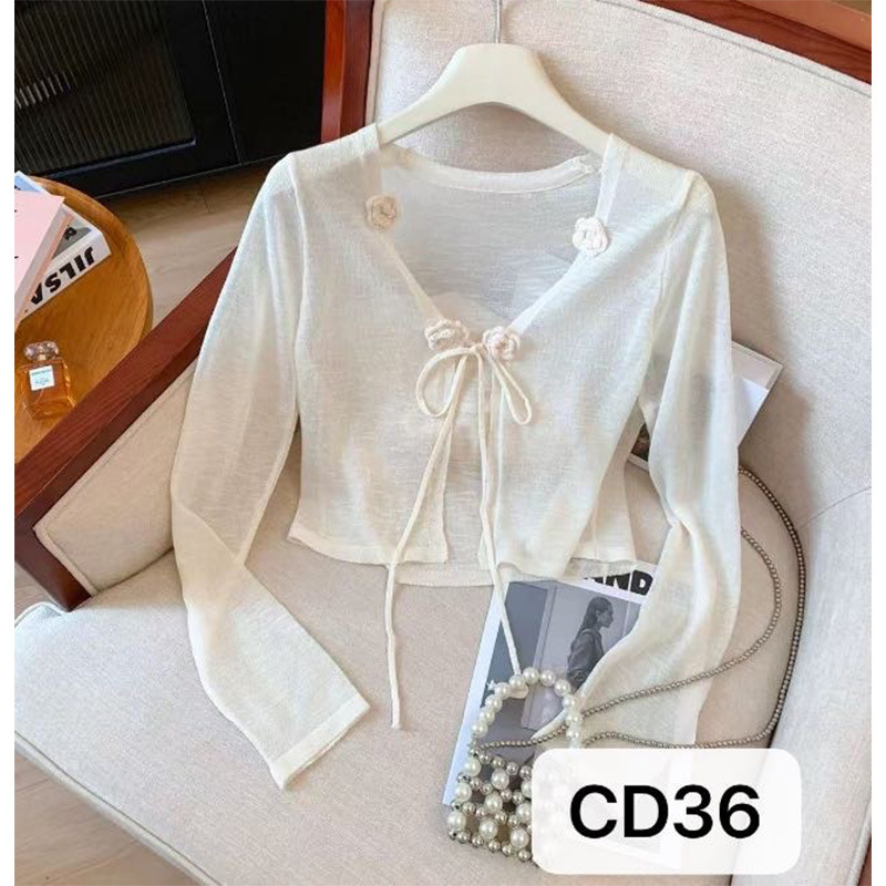 Sweet Girl's Knitted Sun Protection Clothing, Short Shawl, Hand Cardigan, Lace-Up Flower, Long Sleeves, Cool and Breathable