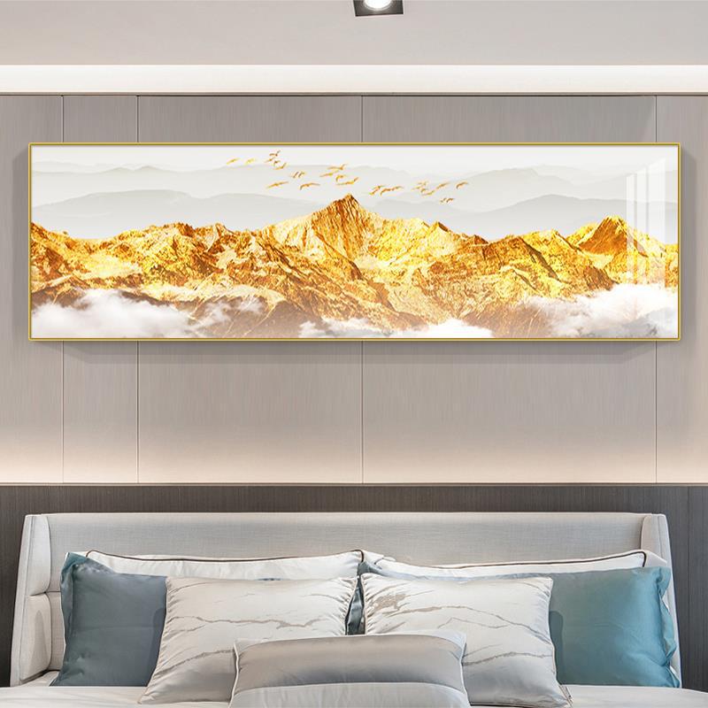 Bedside Painting With金山 Background, New Chinese Style Bedroom Decoration Painting, Living Room High-End Mural, Master Bedroom Room Accessible Luxury Hanging Painting
