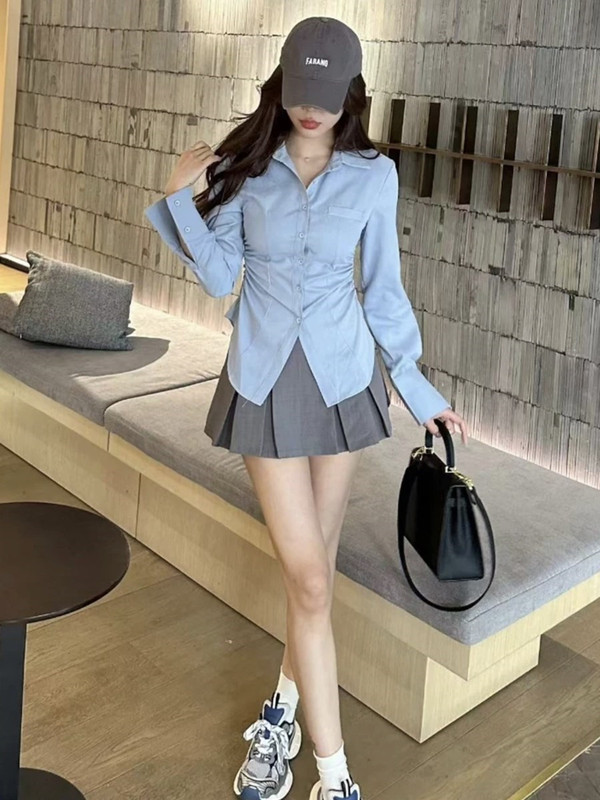 设计感收腰皱褶长袖衬衫女早春新款时尚洋气高腰百褶半身裙两件套|undefined