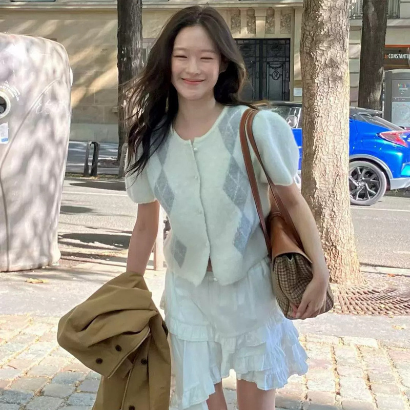 Xh Korean-Style Round-Neck Buttoned Diamond-Pattern Short-Sleeve Knit Cardigan Dongdaemun Autumn New College Style Top