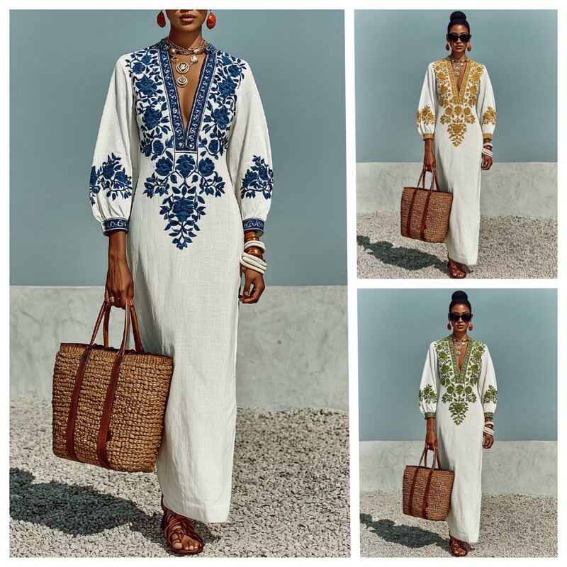 2026 New European and American tk Amazon Bohemian Style Printed Loose Long Casual Dress