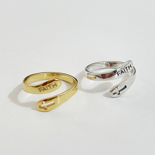 European and American minimalist and versatile trendy Internet celebrity 925 sterling silver FAITH faith cross ring Japanese and Korean ring index finger