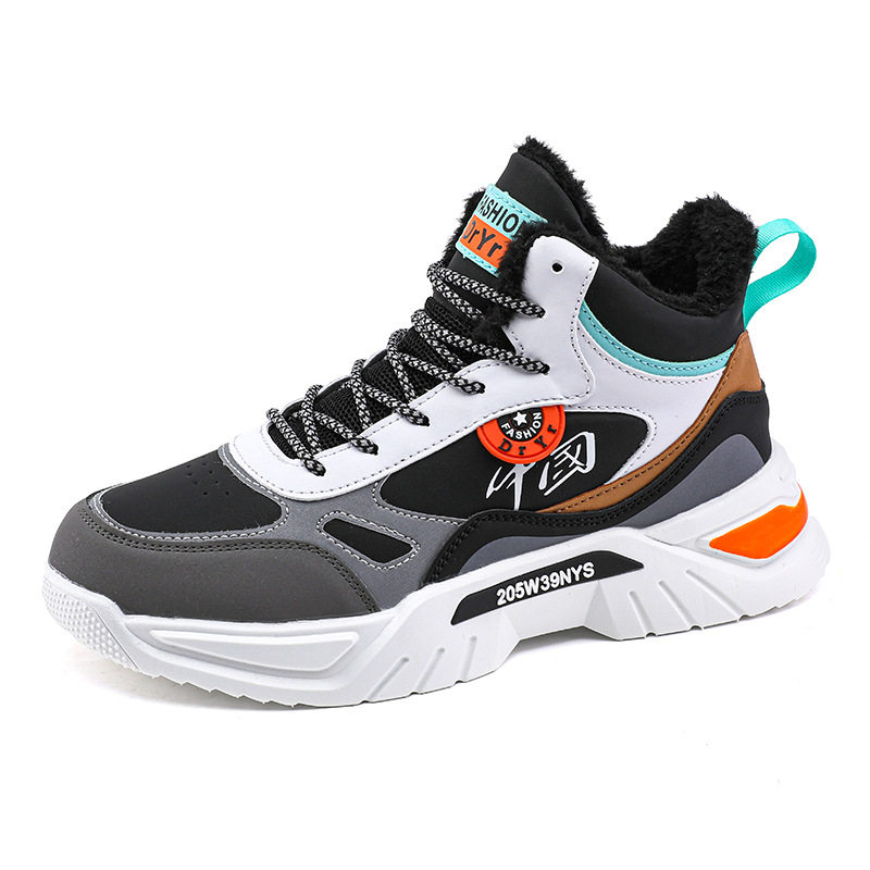 Giày sneaker cao cổ phối màu, lót nhung giữ ấm, đế cao su, dây buộc — 9013 Mẫu giày đơn Bai Lanyue, 9013 mẫu giày đơn màu đen và vàng, 9013 mẫu giày đơn màu đen xám, 9013-1 cộng với nhung trắng đen xám