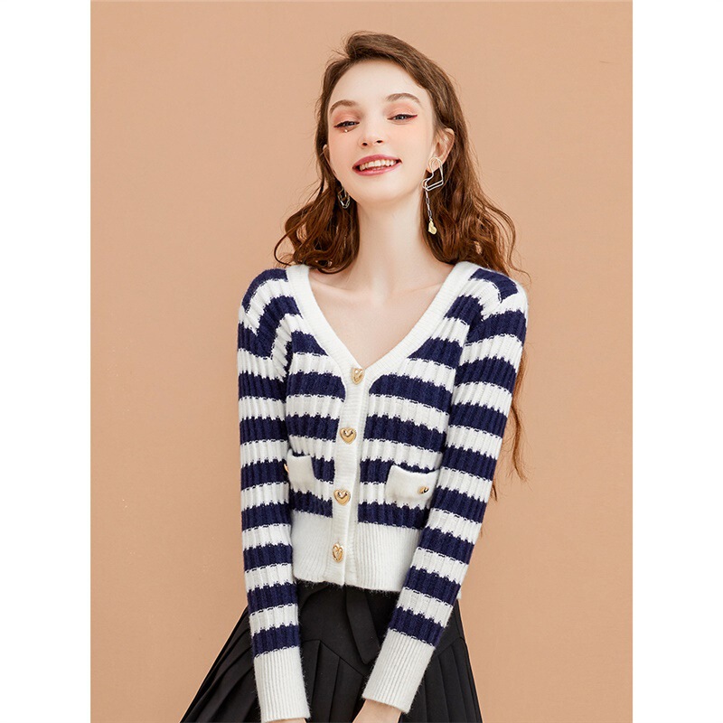 Clearance non-returnable blue and white striped sweater knitted cardigan women's 2025 spring new small fragrant style jacket niche coat