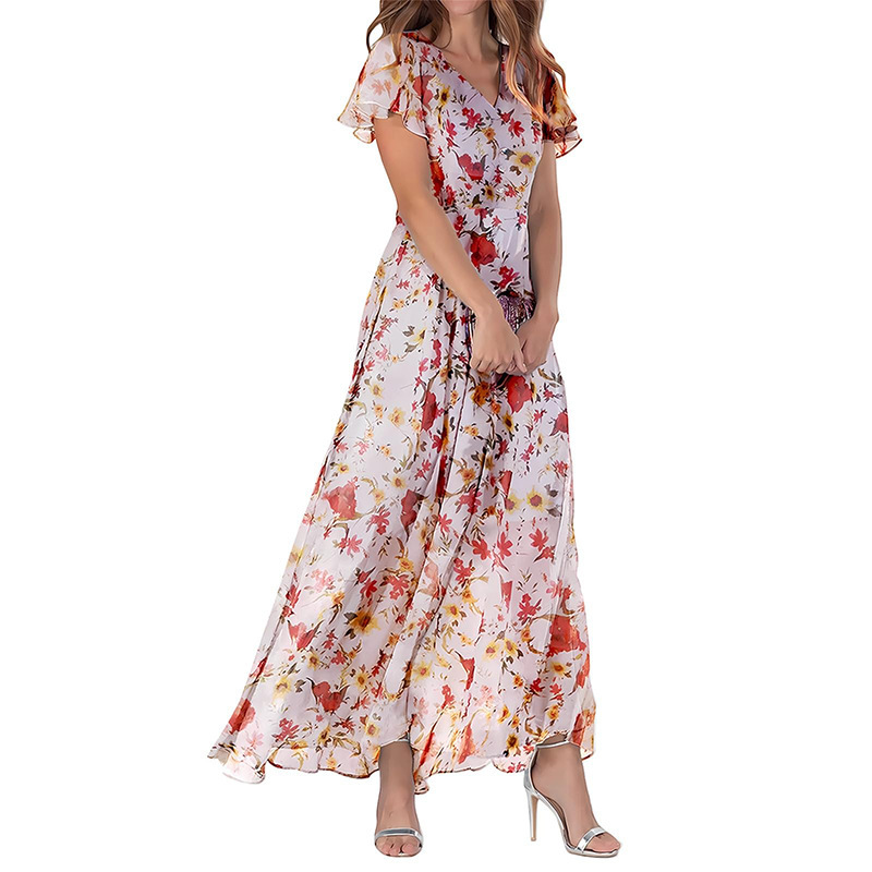 Europe and the United States cross-border foreign trade 2025 summer new Amazon long skirt V-neck short sleeve printed chiffon dress Europe and the United States cross-border foreign trade 2025 summer new Amazon long skirt V-neck short sleeve printed chiffon dress