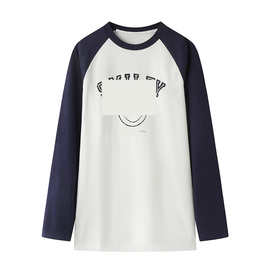现货2025冬新款宽松撞色拼接字母笑脸印花T恤MBE4TEE004
