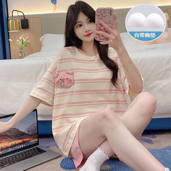 Pajamas for Women Summer with Padded Short-Sleeved Shorts Cartoon Cute Loose Suit 2025 New Home Clothes