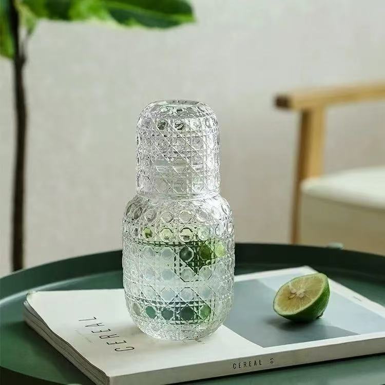 ins风高颜值冷水壶复古刻花海棠花玻璃茶壶一壶一杯果汁玻璃杯|undefined