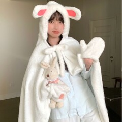 兔耳朵连帽披风女秋冬天保暖斗篷懒人毯学生披肩毛毯办公室午睡毯