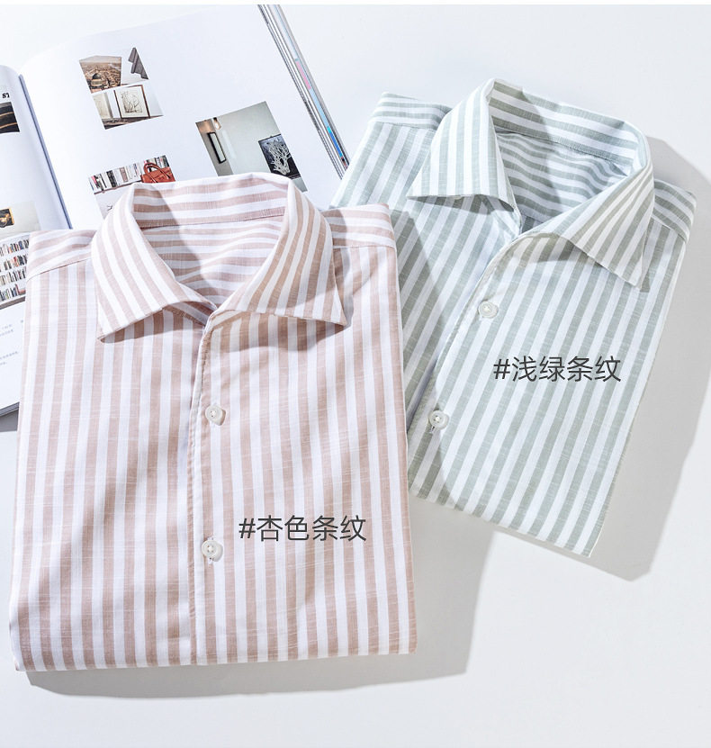 Áo sơ mi nam dài tay cổ một mảnh vải lanh giả Tencel chống nhăn form rộng — Cổ áo sọc mơ 09, Sọc xanh nhạt-một cổ áo 05 chi tiết 14