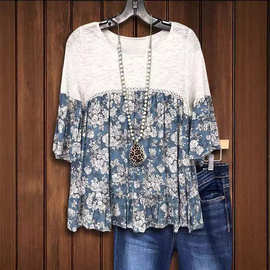 欧美跨境上衣女秋简约风新款花朵印花拼接七袖休闲宽松圆领t恤女