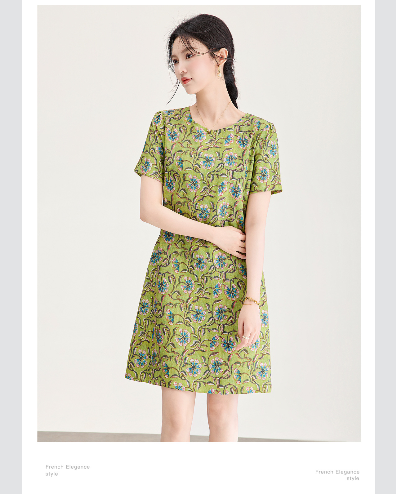 Đầm maxi nữ thắt eo tay ngắn họa tiết vintage chất lụa tơ tằm phối sợi gai — xanh lá cây chi tiết 8