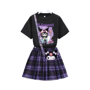 2025 New Summer Pleated Skirt Cotton Short-Sleeved College Girl Summer Dress Jk Uniform Medium and Large Children Girls Kuromi