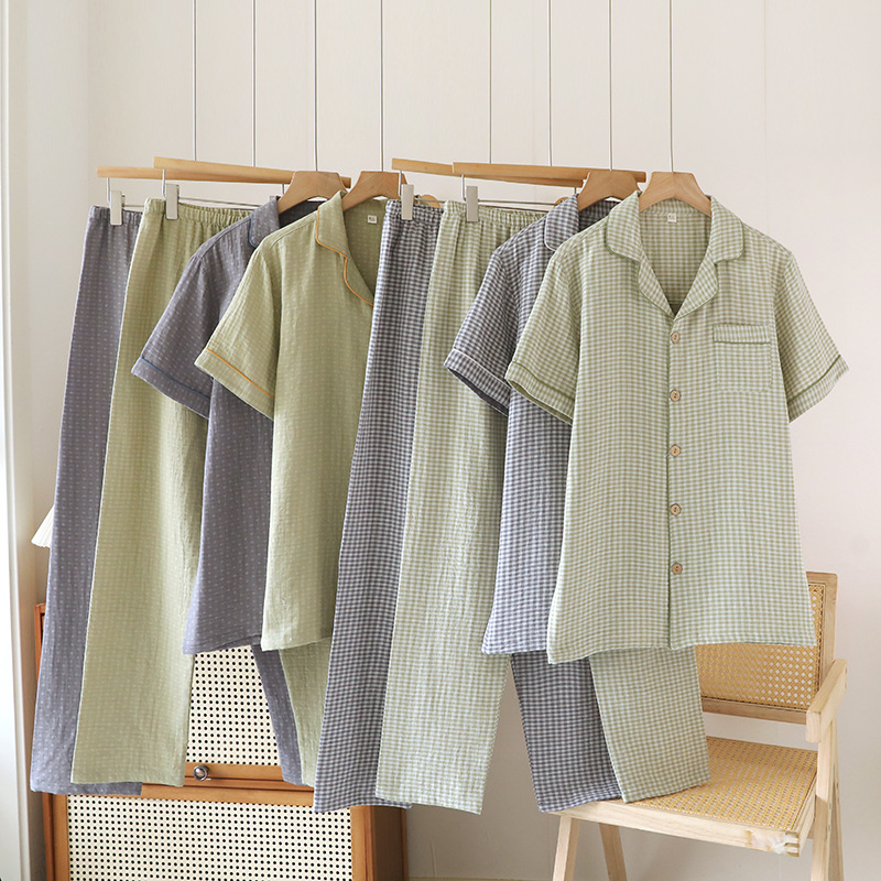 Men's Summer Thin Yarn-Dyed Cotton Short-Sleeved Pants Home Clothes Japanese Style Plaid Pajamas Set Breathable and Comfortable