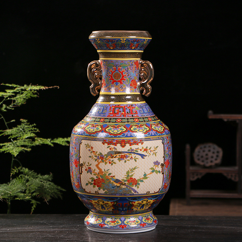 仿古中式瓷器珐琅彩开窗双耳花鸟赏瓶景德镇家居客厅陶瓷花瓶摆件