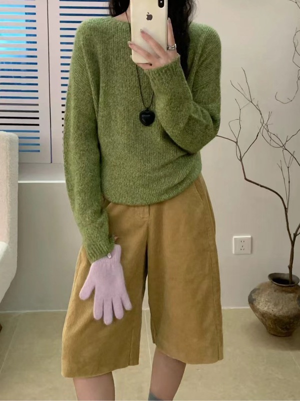 美式复古花纱绿色丝羊绒毛衣秋冬新款韩系慵懒风穿搭羊毛针织衫潮|undefined