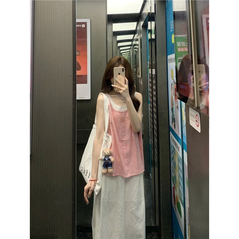 Корейский сладкий повседневный спортивный костюм для женщин, летний клетчатый топ без рукавов, широкие брюки, миниатюрный комплект из двух предметов