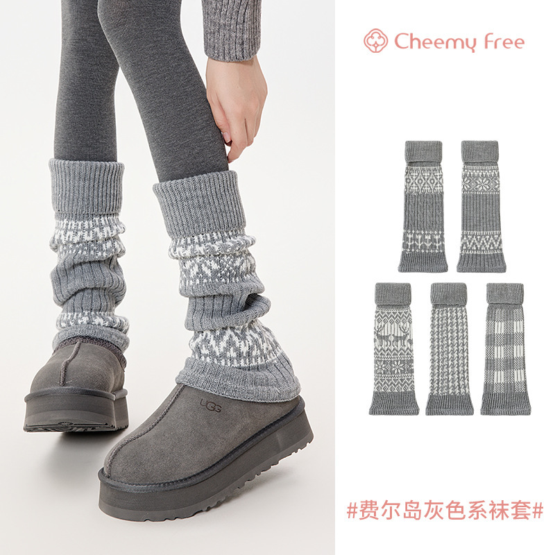 Cheemy Free Spring & Fall Versatile Classic Fair Isle Mid-Length Pile Socks Gray Thick Needle Y2K Socks