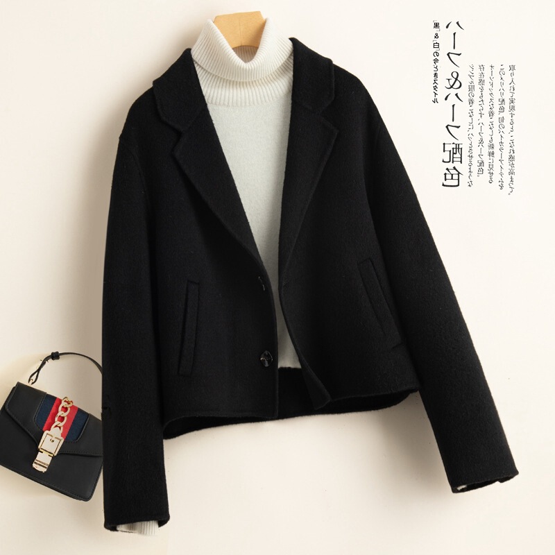 Collar long sleeve women's loose wool suit 100 autumn and winter coat% woolen short small double-sided