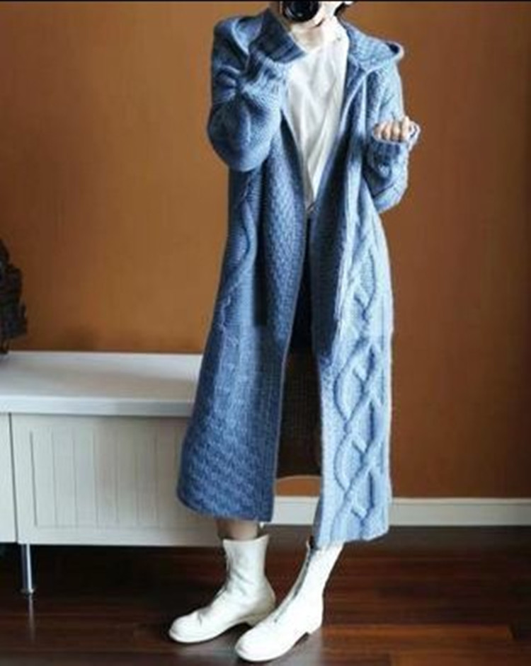 Transfronterizo 2023 estilo europeo y americano Otoño e Invierno de las mujeres con capucha gruesa de punto cardigan suelta más tamaño abrigo largo suéter para las mujeres