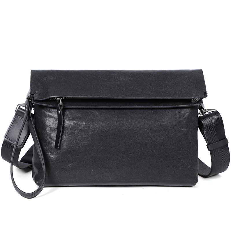 Túi đeo chéo nam da bò thuộc da thật kiểu thể thao, túi cầm tay nhỏ gọn 29×11×17 cm — Màu đen